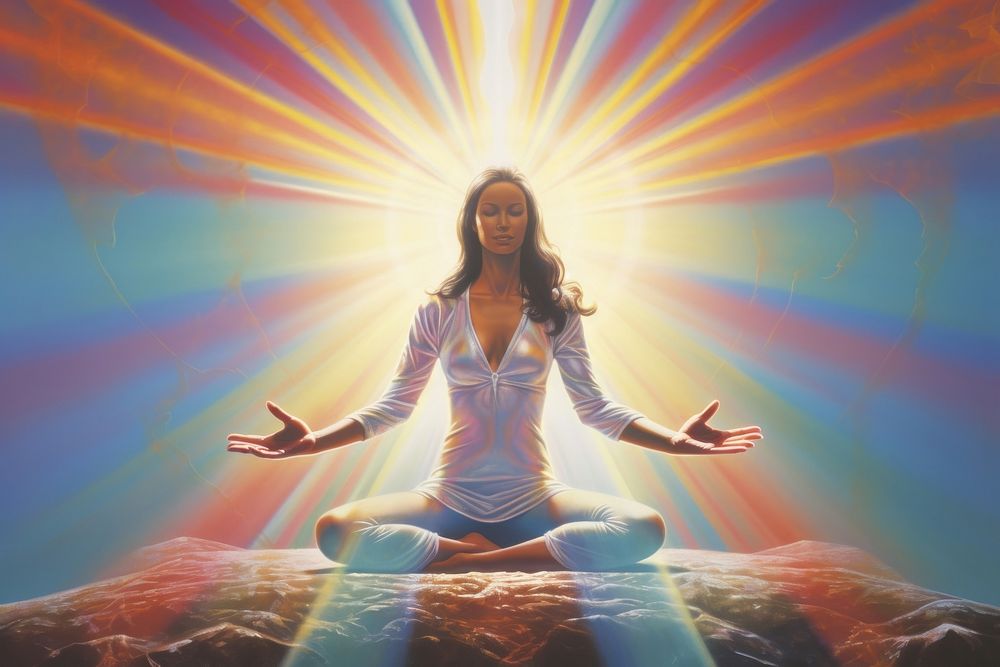 1970s Airbrush Art of a yoga adult cross-legged spirituality.