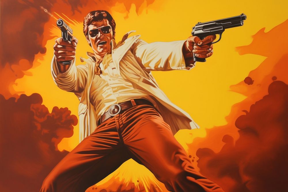1970s Airbrush Art of a Action scene gun handgun glasses.