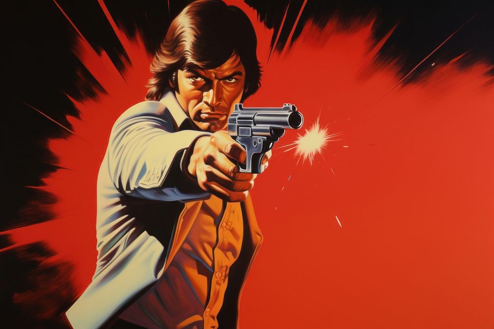 1970s Airbrush Art of a Action scene gun handgun adult.