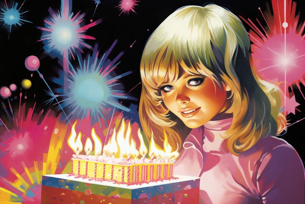 1970s Airbrush Art of a birthday dessert sparks party.