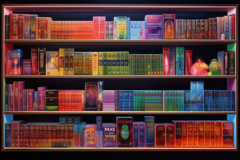 1970s Airbrush Art of a bookshelf publication bookcase library.