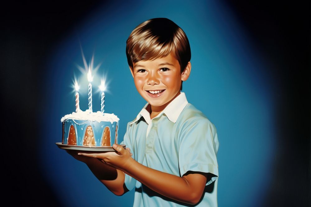 1970s Airbrush Art of a boy holding birthday cake dessert smile party.