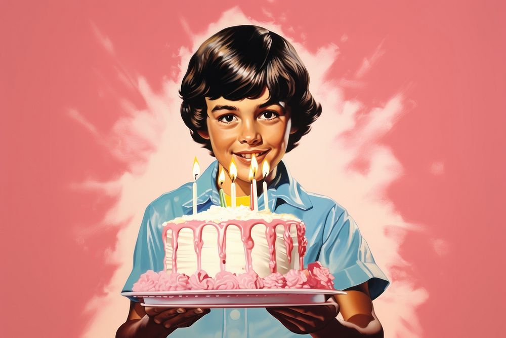 1970s Airbrush Art of a boy holding birthday cake dessert party food.