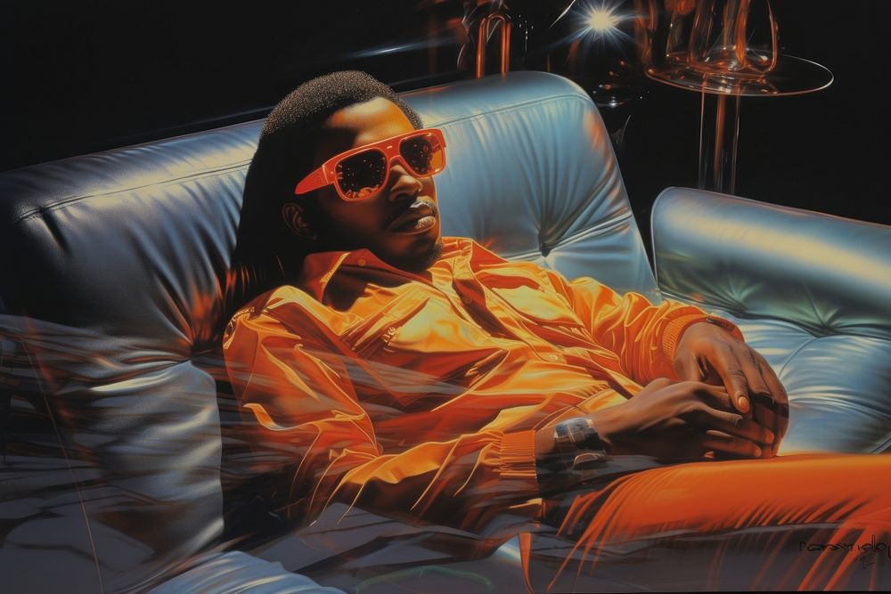 1970s Airbrush Art of a black male on sofa sunglasses portrait adult.