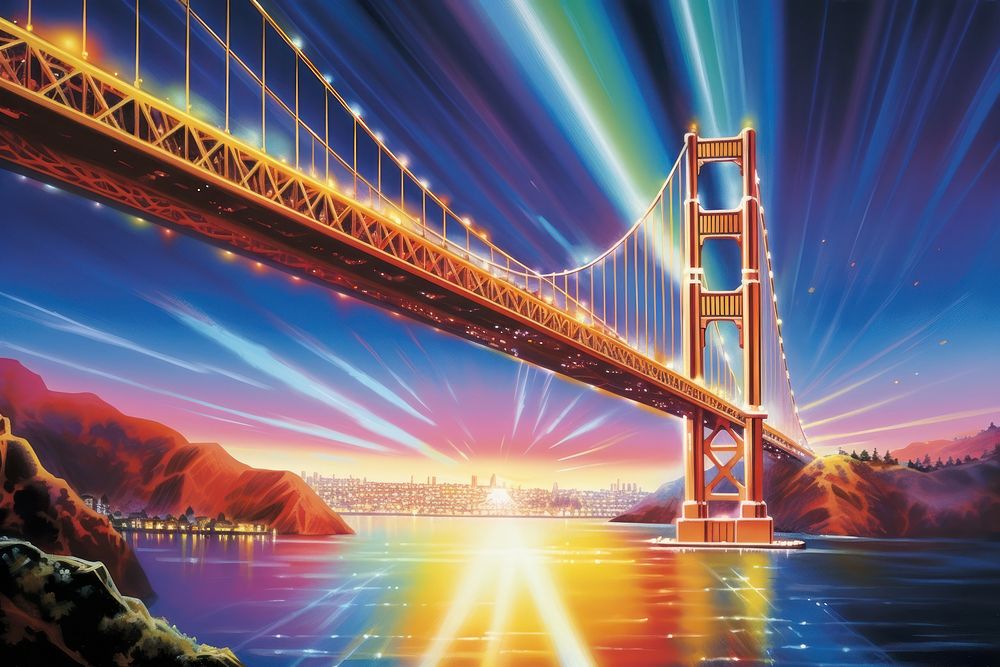 1970s Airbrush Art of a bridge outdoors nature architecture.