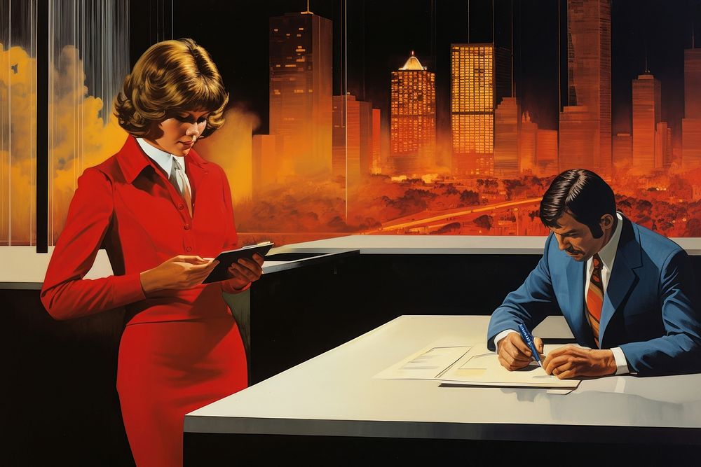 1970s Airbrush Art of a business adult businesswear architecture.