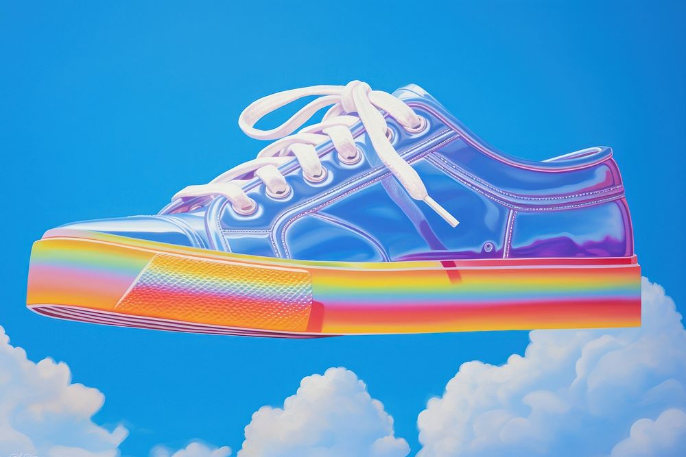 1970s Airbrush Art of a Canvas Sneaker floating in sky footwear sneaker shoe.