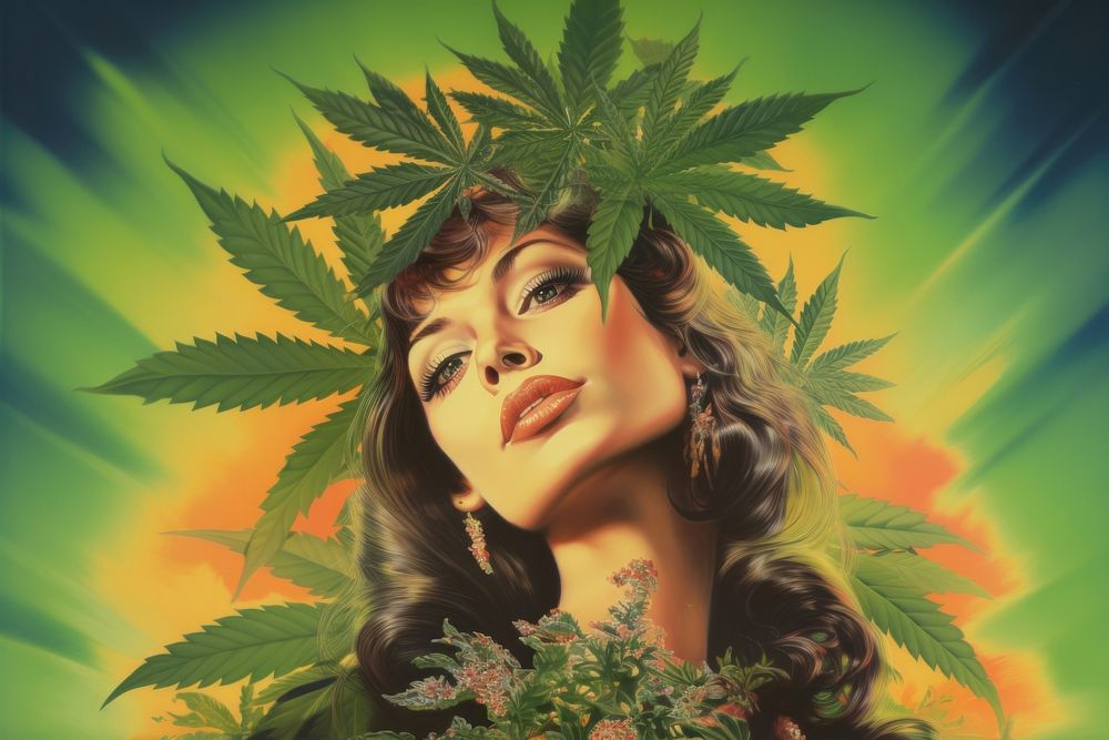 1970s Airbrush Art of a cannabis adult plant leaf.
