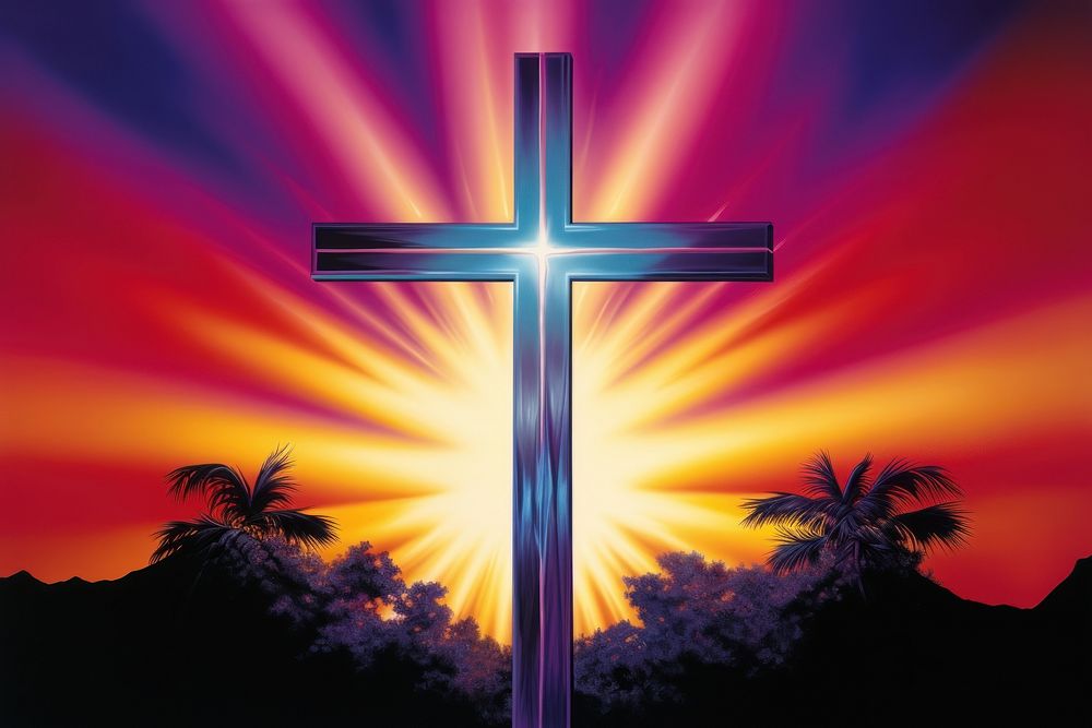 1970s Airbrush Art of a christ cross outdoors symbol sky.