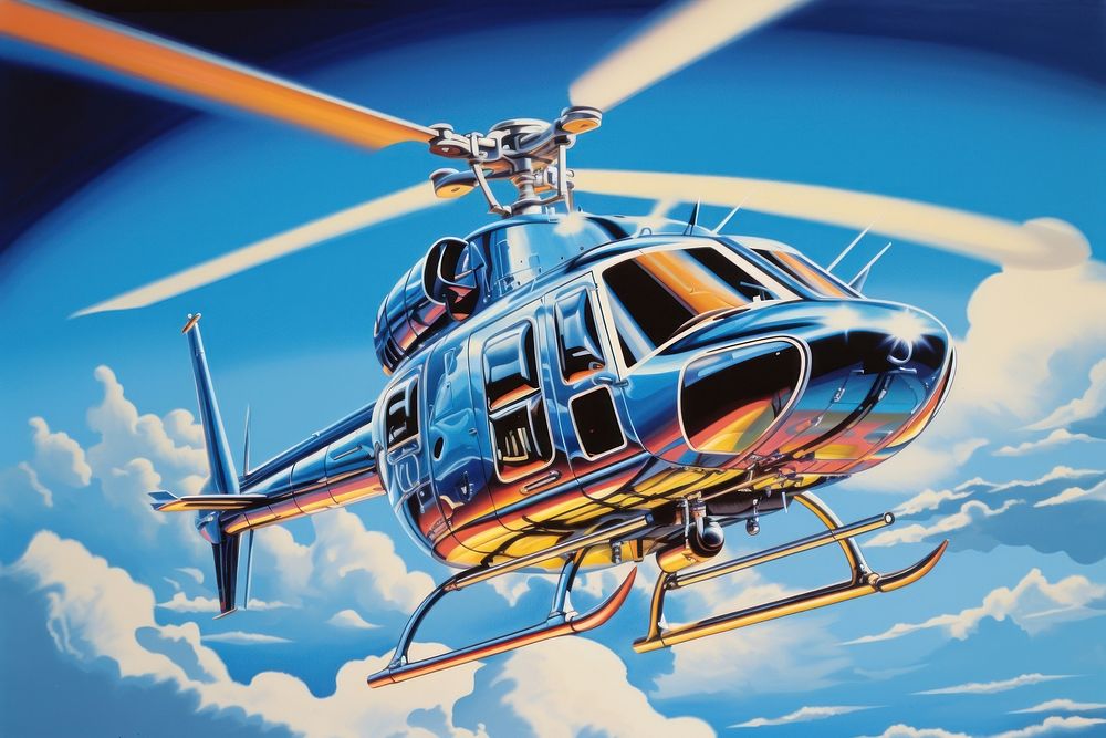 1970s Airbrush Art of a chrome helicopter aircraft vehicle blue.