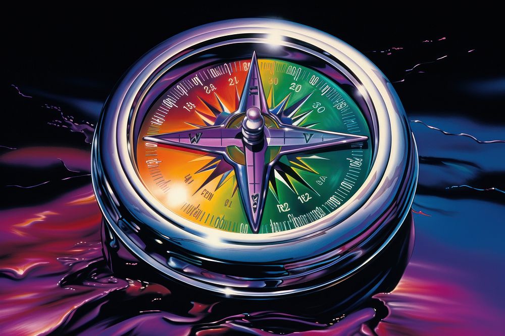 1970s Airbrush Art of a compass jewelry rainbow falling.