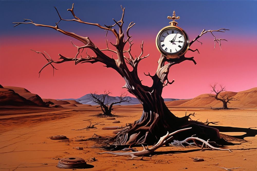 1970s airbrush art of a Clock melt on branch in desert clock landscape outdoors.