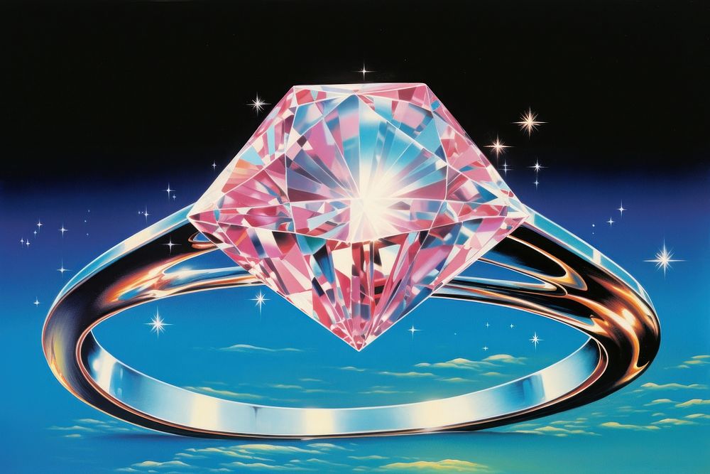 1970s Airbrush Art of a diamond ring gemstone jewelry illuminated.