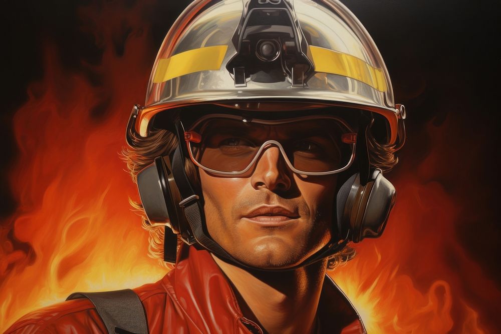 1970s Airbrush Art of a firefighter portrait helmet adult.