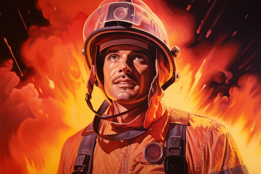1970s Airbrush Art of a firefighter helmet adult architecture.