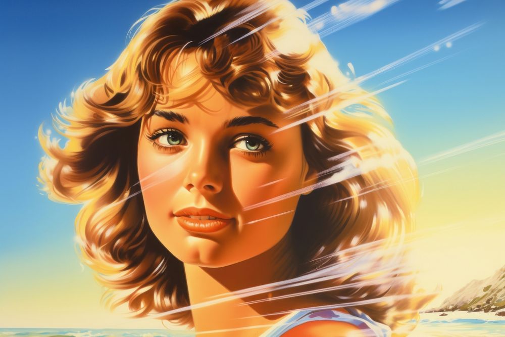 1970s airbrush art of a girl on the beach portrait adult photography.