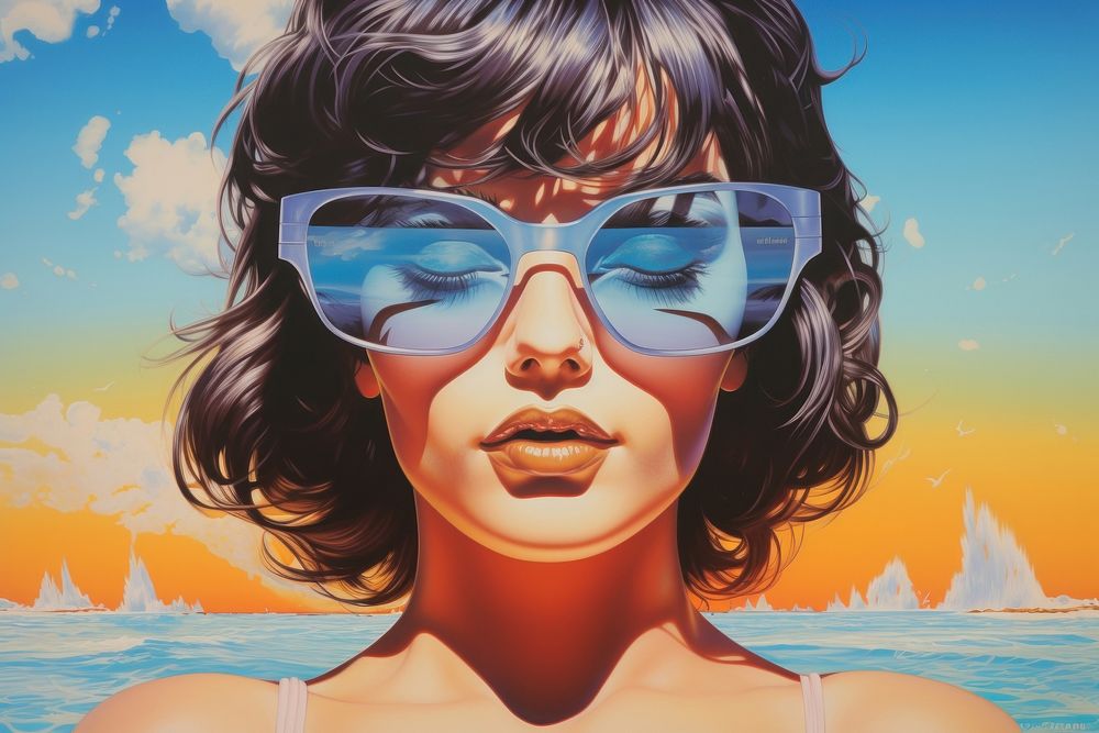 1970s airbrush art of a girl on the beach sunglasses portrait accessories.