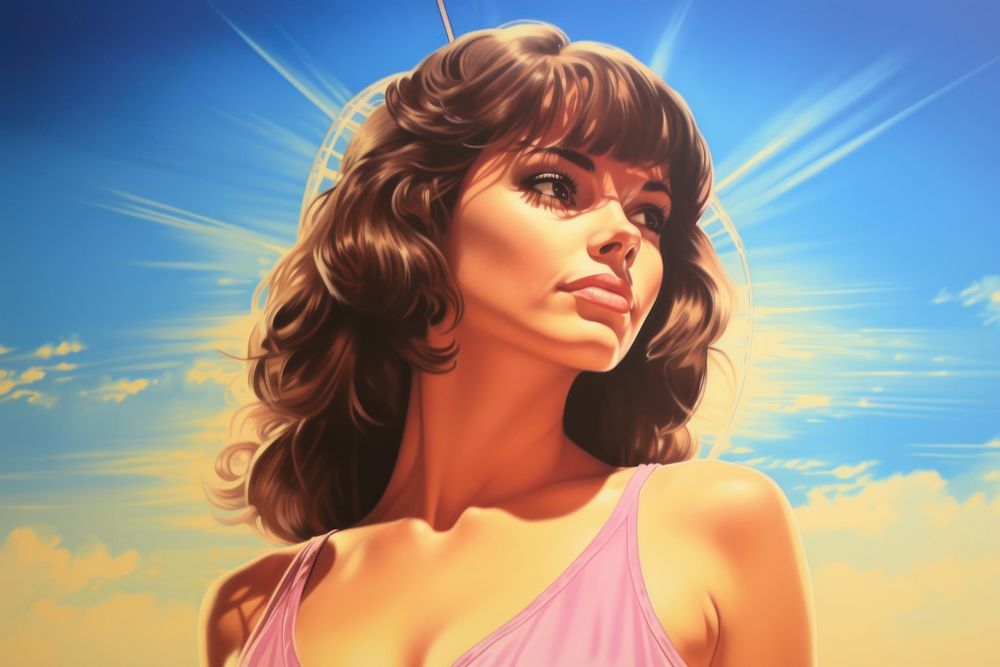 1970s airbrush art of a girl on the beach portrait adult contemplation.