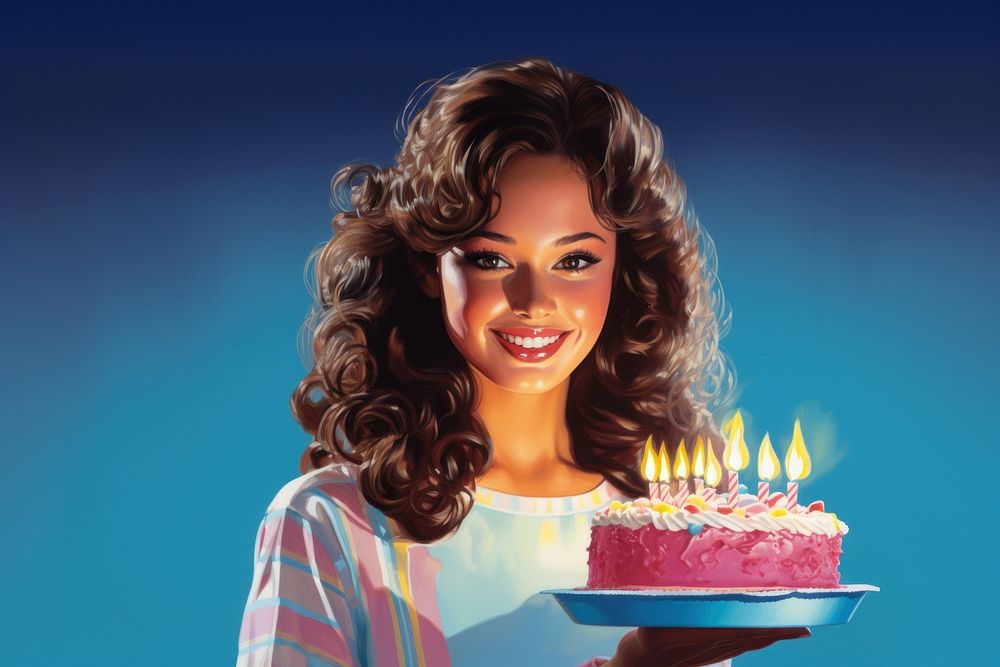 1970s Airbrush Art of a girl holding birthday cake dessert party smile.