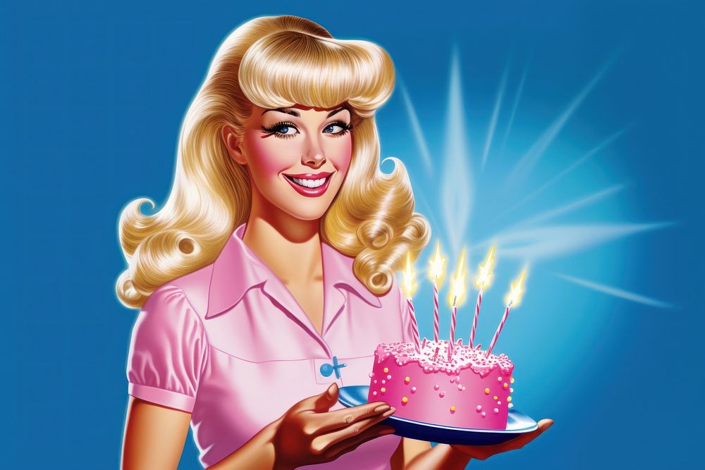 1970s Airbrush Art of a girl holding birthday cake dessert adult party.