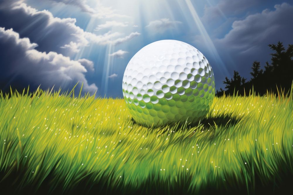 1970s Airbrush Art of a golf ball on grass outdoors sports plant.