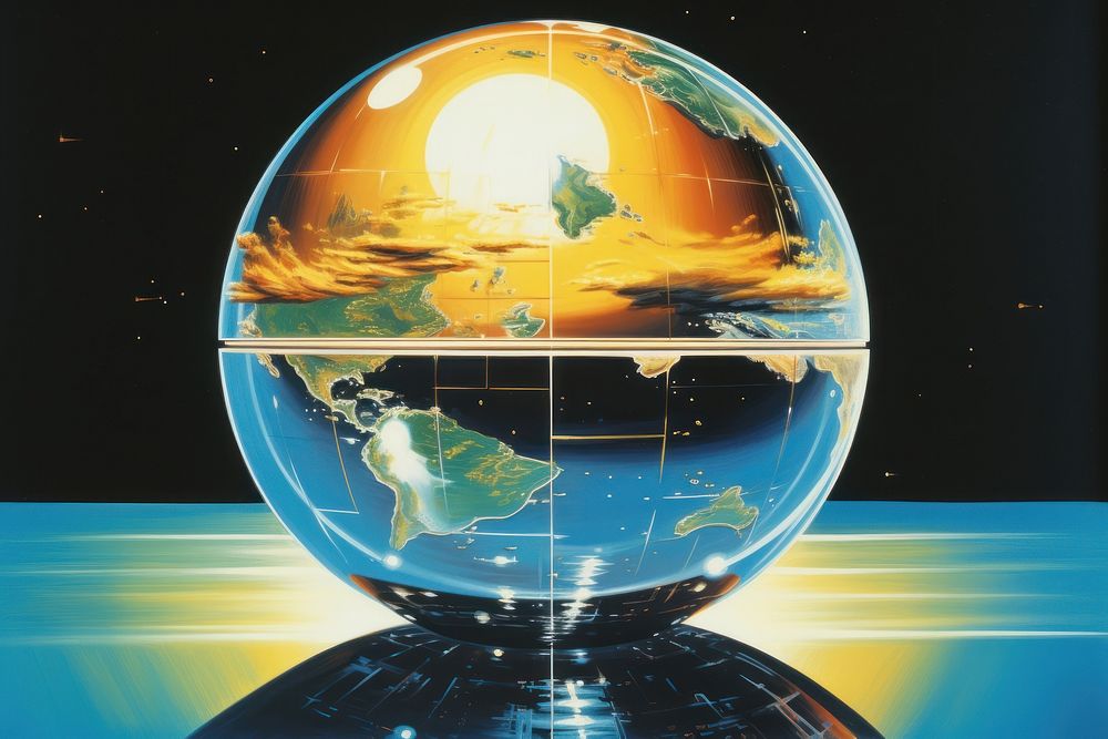 1970s Airbrush Art of a globe astronomy planet space.