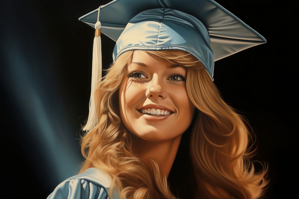 1970s Airbrush Art of a graduation cap portrait adult smile.