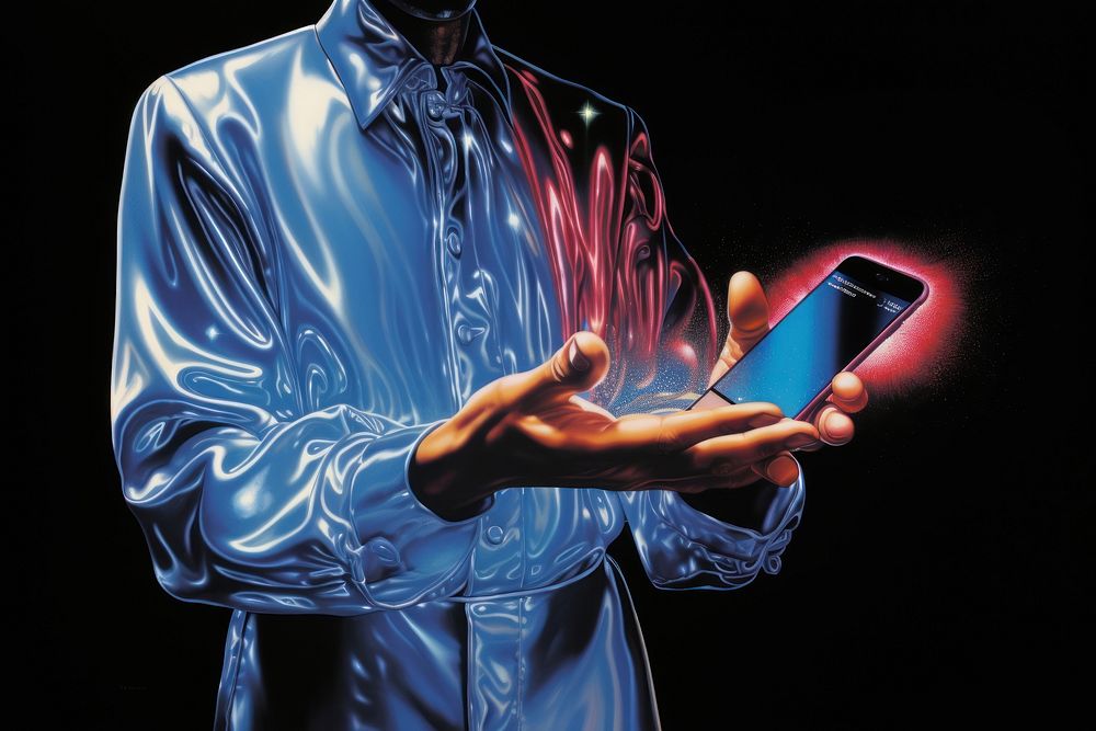 1970s Airbrush Art of a Hand holding smartphone adult hand illuminated.