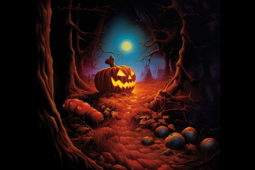 1970s Airbrush Art of a halloween anthropomorphic jack-o'-lantern representation.