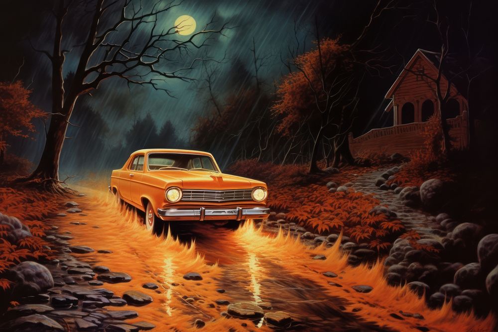 1970s Airbrush Art of a halloween vehicle night car.
