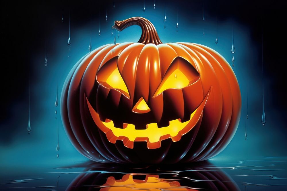 1970s Airbrush Art of a Halloween pumpkin halloween anthropomorphic jack-o'-lantern.