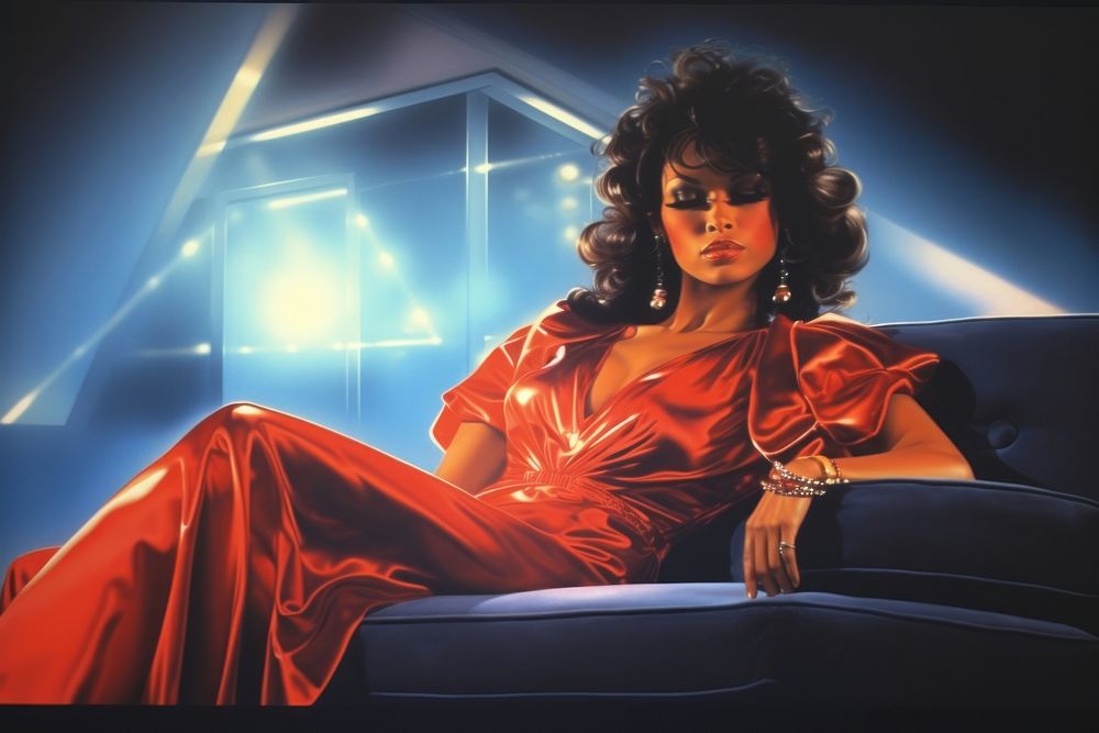 1970s Airbrush Art of a lady on sofa fashion adult architecture.