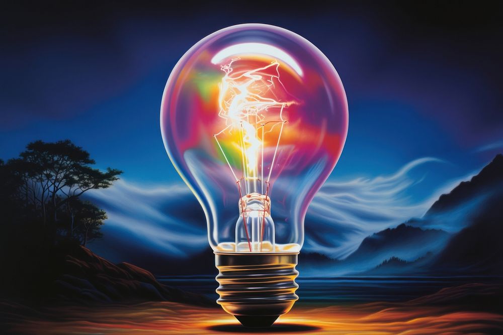 1970s Airbrush Art of a light bulb lightbulb electricity illuminated.