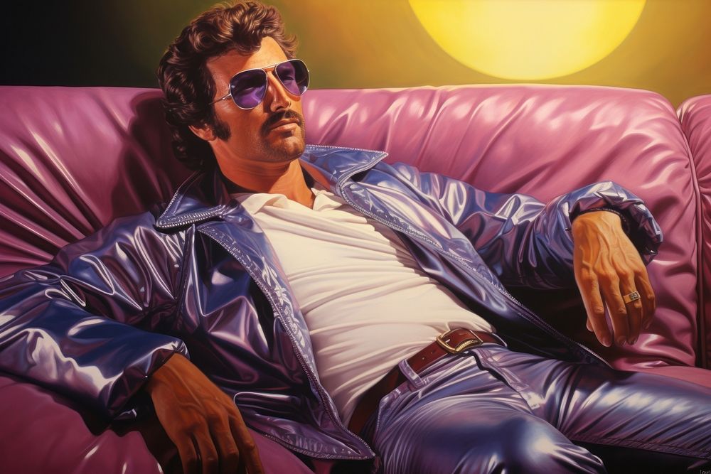 1970s Airbrush Art of a man on sofa sunglasses adult accessories.