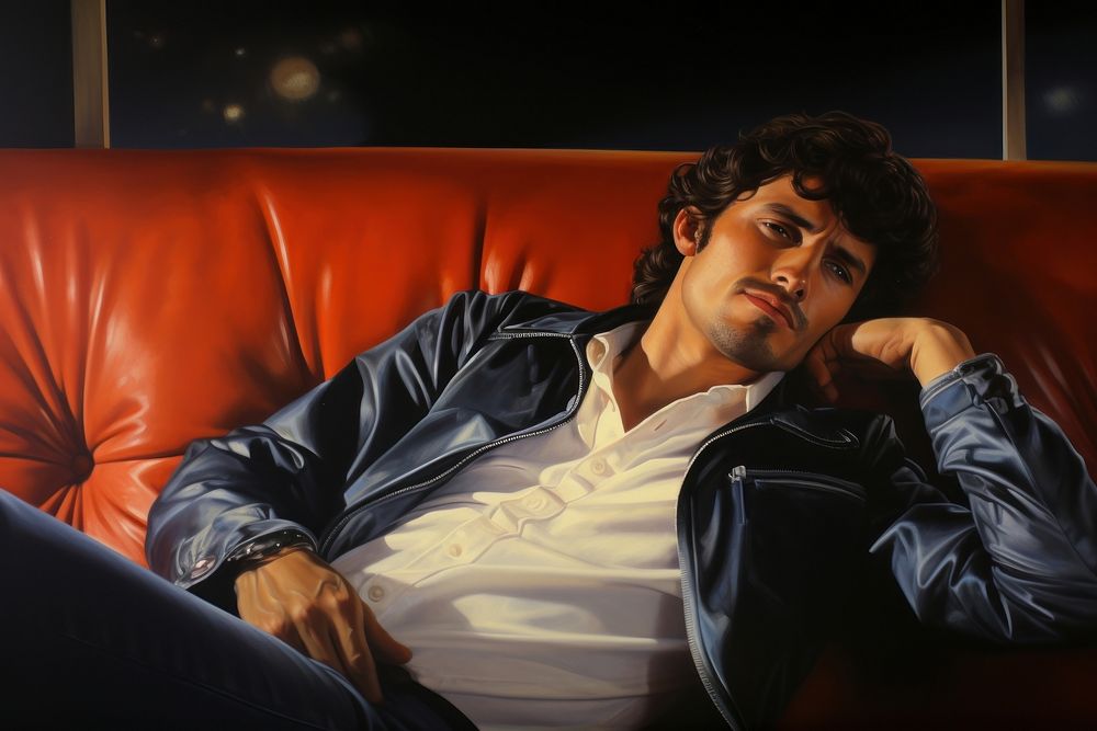 1970s Airbrush Art of a man on sofa furniture portrait adult.