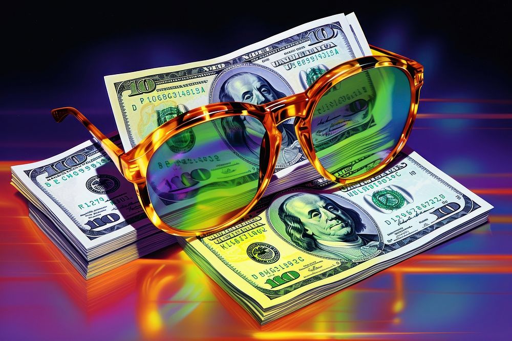 1970s Airbrush Art of a money glasses dollar accessories.