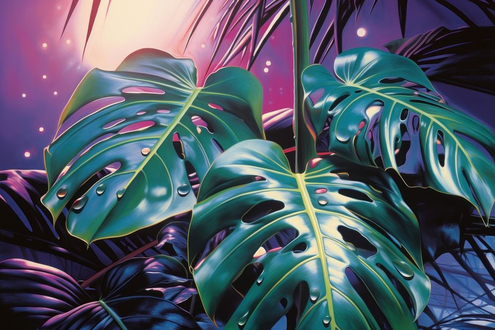 1970s Airbrush Art of a monstera outdoors nature plant.