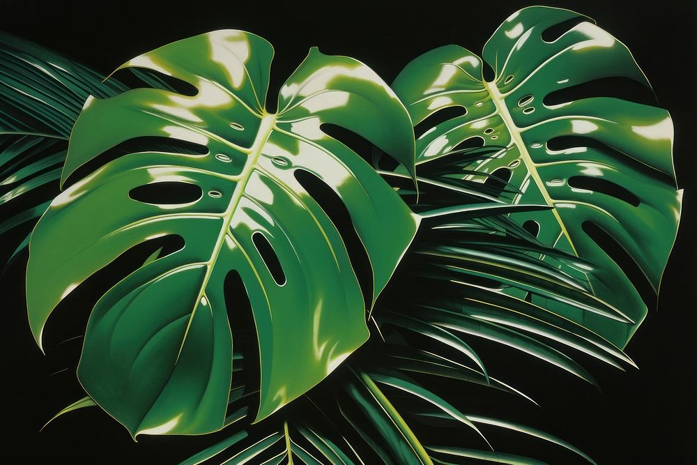 1970s Airbrush Art of a monstera plant green leaf.