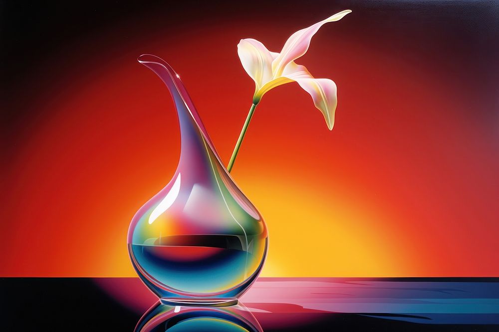 1970s Airbrush Art of a modern vase flower art refreshment.