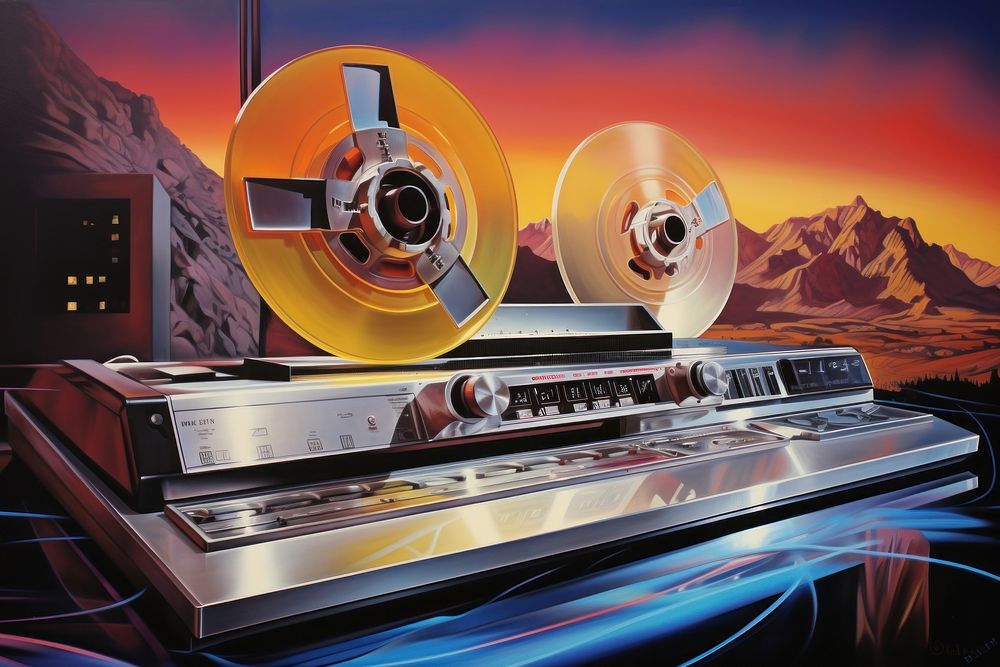 1970s Airbrush Art of a museum electronics gramophone technology.