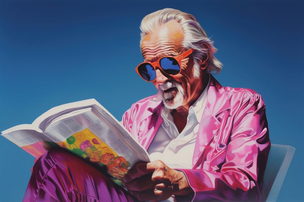 1970s Airbrush Art of a old man reading newspaper sunglasses adult art.