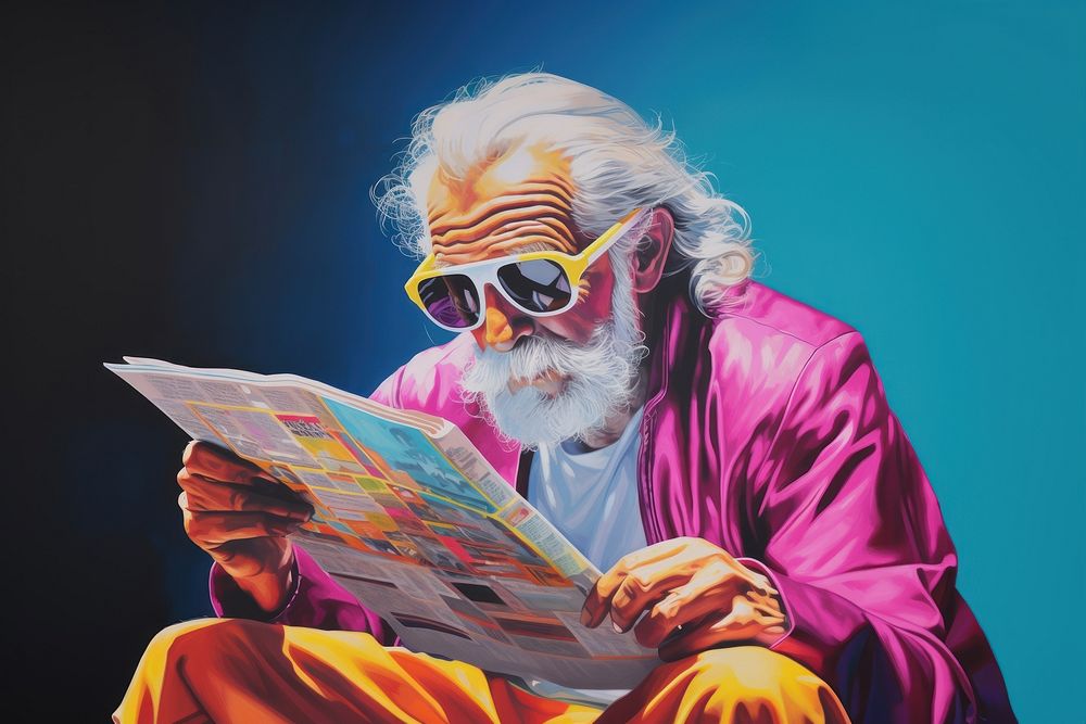 1970s Airbrush Art of a old man reading newspaper adult art sunglasses.