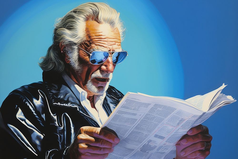 1970s Airbrush Art of a old man reading newspaper adult accessories photography.