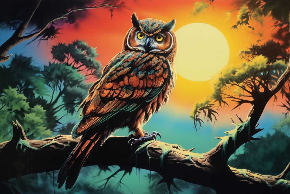 1970s Airbrush Art of a owl standing on branch outdoors nature forest.