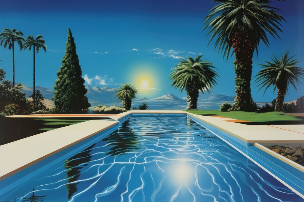 1970s Airbrush Art of a pool architecture outdoors nature.