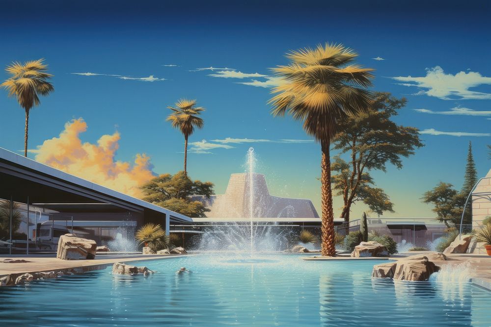 1970s Airbrush Art of a pool architecture outdoors fountain.