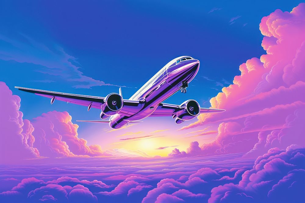 1970s Airbrush Art of a Plane fly in purple sky aircraft airplane airliner.