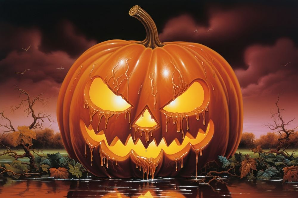 1970s Airbrush Art of a pumpkin in farm halloween anthropomorphic jack-o'-lantern.