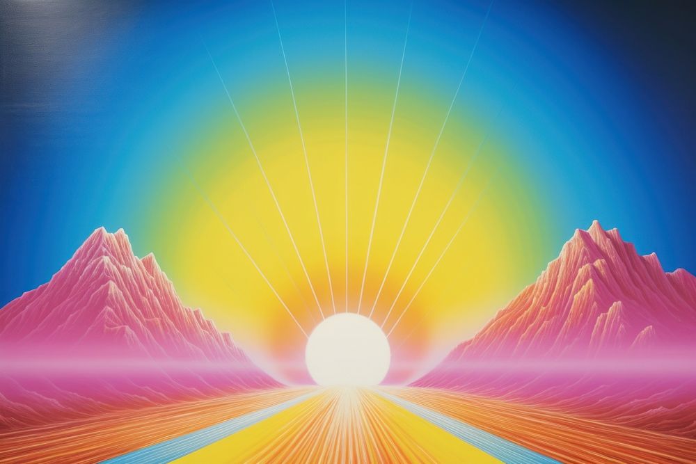 1970s Airbrush Art of a rainbow sunlight nature sky.