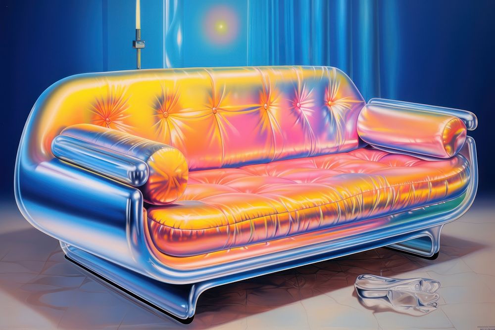 1970s Airbrush Art of a sofa furniture illuminated relaxation.